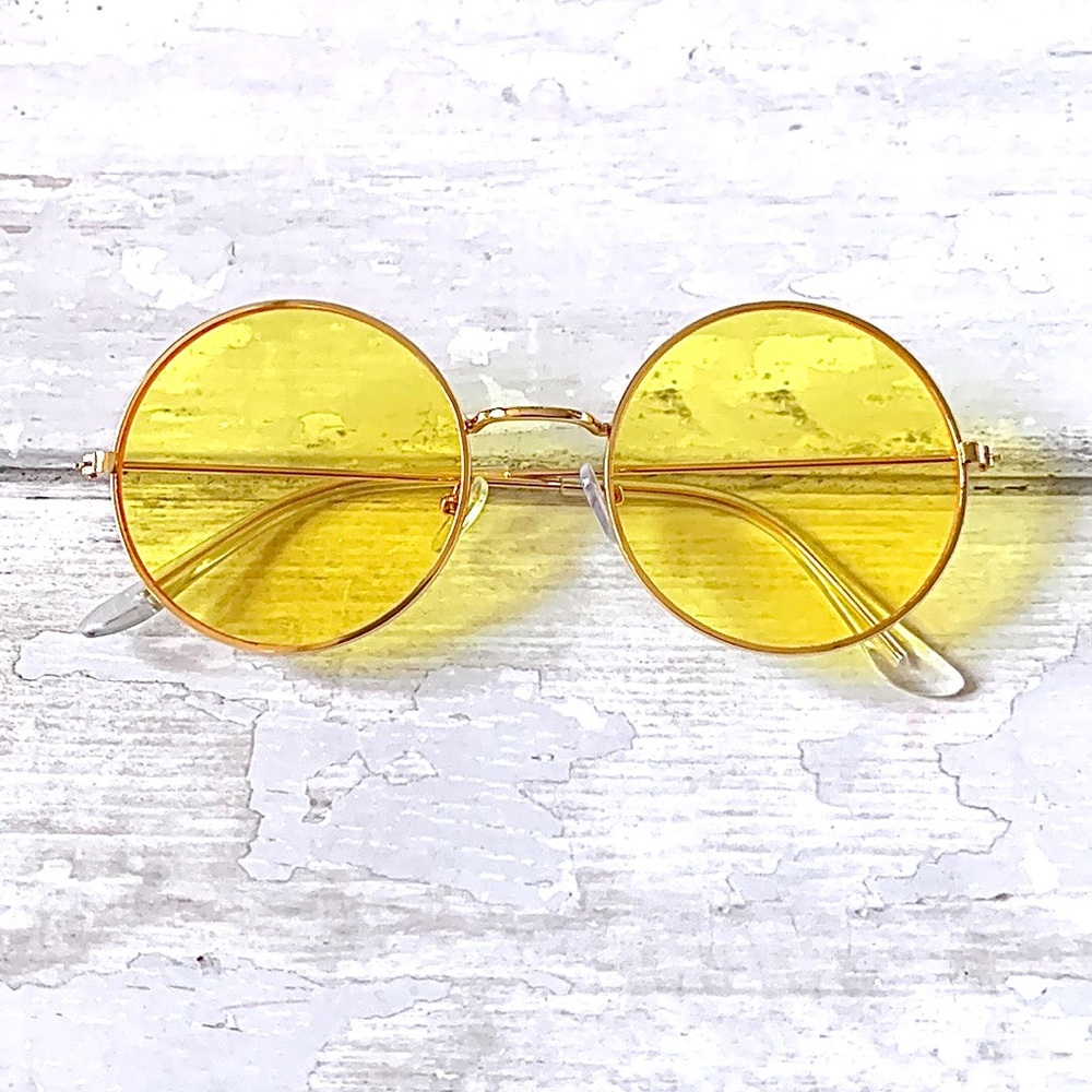 Yellow Tinted Retro Round Festival Sunglasses Unisex Glasses Mens Women’s NEW - Picture 1 of 3
